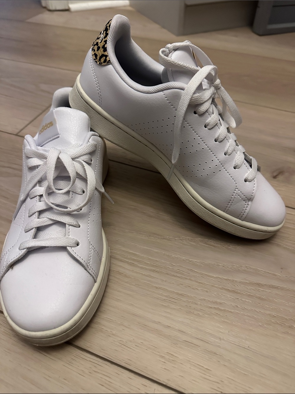 adidas White Leather Sneakers with Leopard Heel Tab